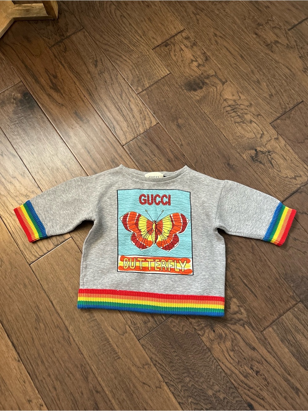 Gucci Grey Kids Sweatshirt with Rainbow Trim and Butterfly Graphic